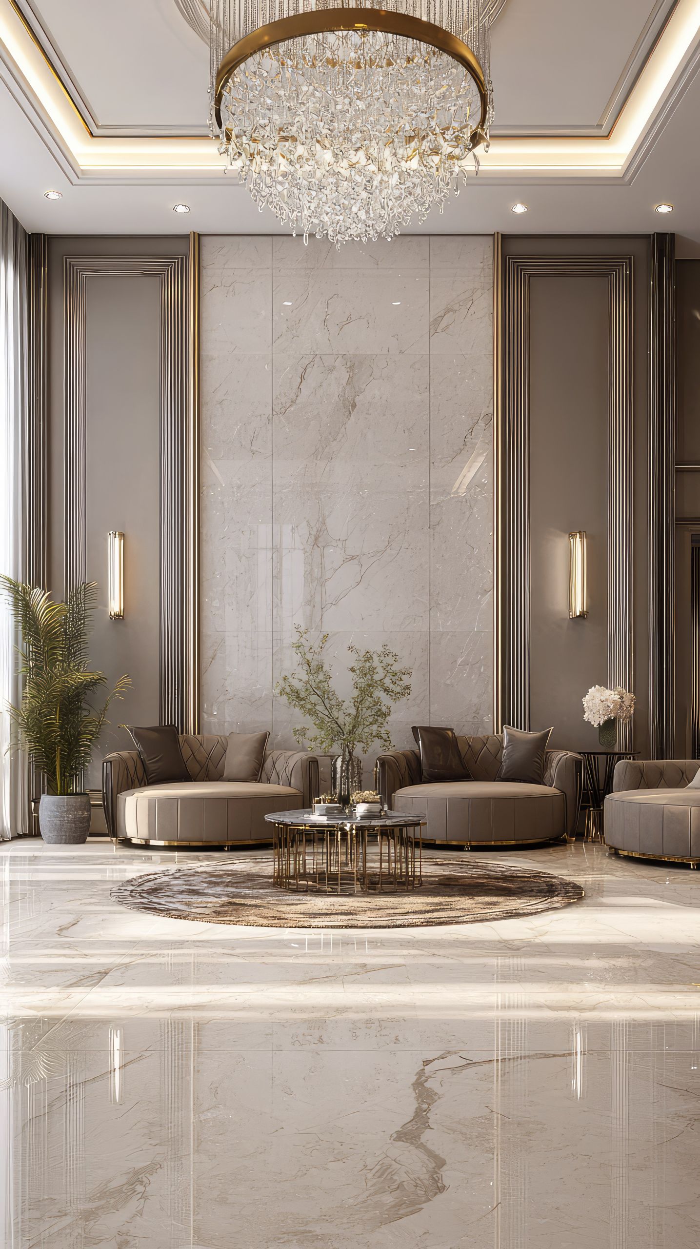 Modern living room showcasing elegant design and luxurious finishes. Features plush seating, a stunning chandelier, and a marble floor, creating a cozy and inviting ambiance.