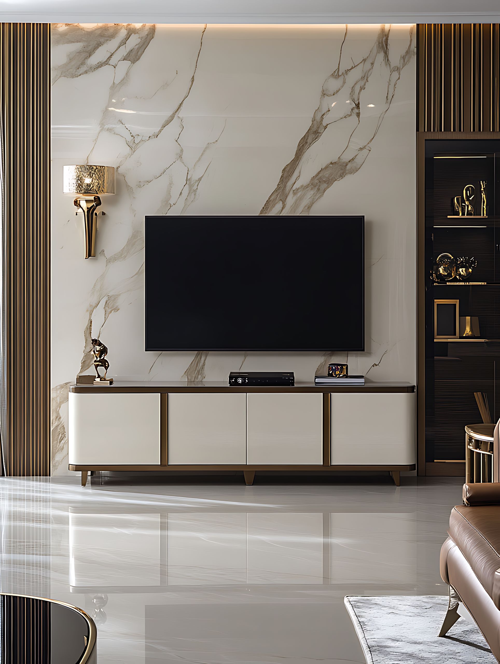 there is a large television mounted on a wall in a living room